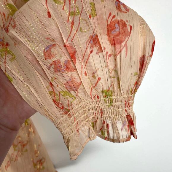 Paige Indira Sheer Floral Blouse Top Women L Metallic Stripe Afterglow Cream Red - Picture 11 of 11